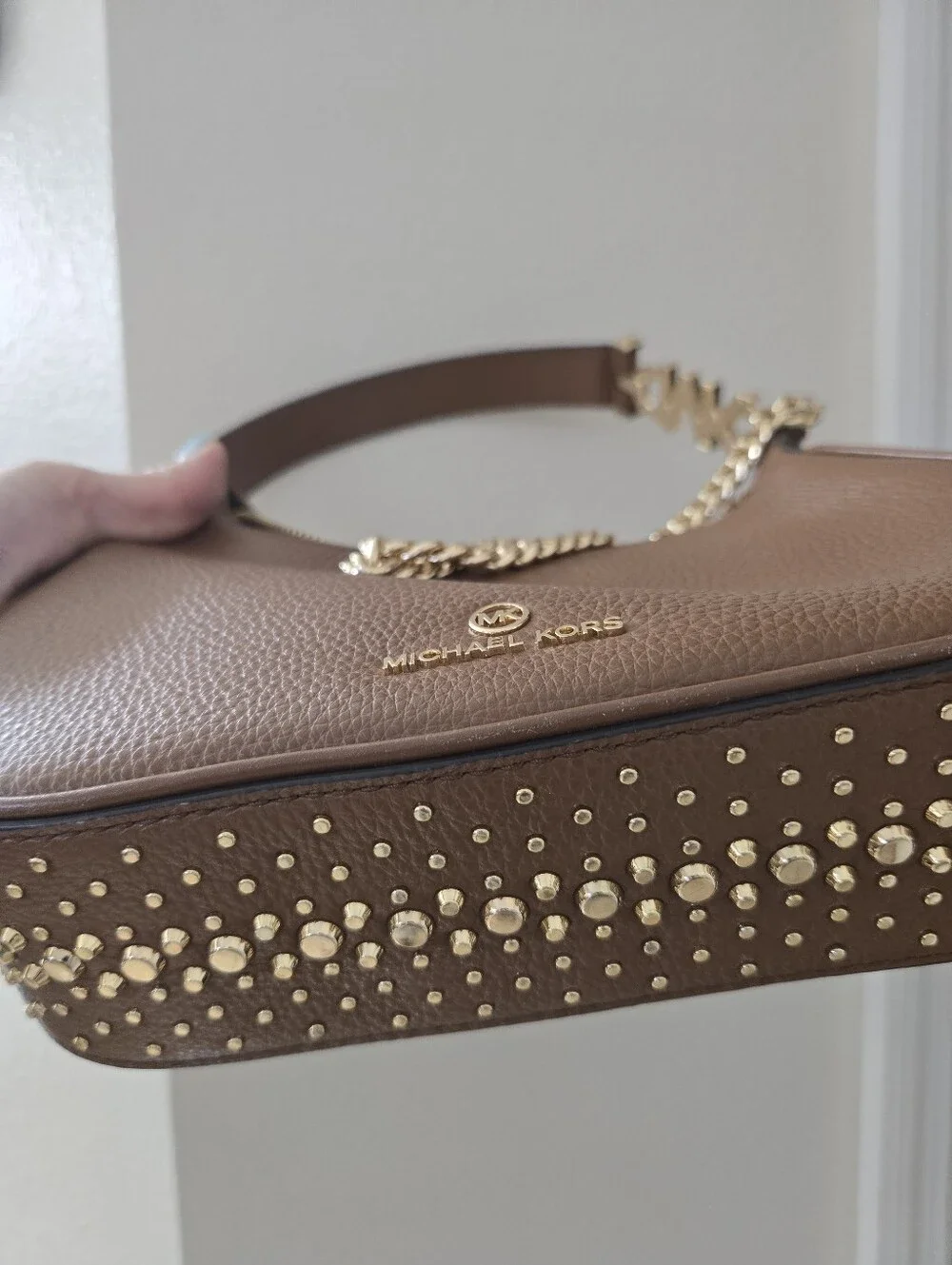 Michael Kors Pebbled Leather Studded Chain Small Hobo Shoulder Bag Brown EUC